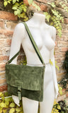 Moss green suede bag. Genuine leather purse. rGreen cossbody / messenger bag in soft natural leather for books, tablets. Green suede purse