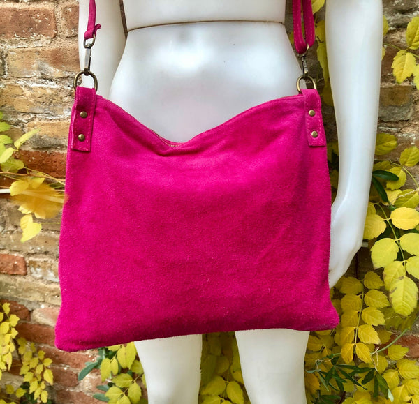 Fuchsia pink suede messenger bag. Soft magenta pink genuine leather crossbody / shoulder bag ..or books, tablets. Hot pink suede purse