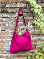 Fuchsia pink suede messenger bag. Soft magenta pink genuine leather crossbody / shoulder bag ..or books, tablets. Hot pink suede purse