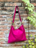 Fuchsia pink suede messenger bag. Soft magenta pink genuine leather crossbody / shoulder bag ..or books, tablets. Hot pink suede purse