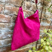 Fuchsia pink suede messenger bag. Soft magenta pink genuine leather crossbody / shoulder bag ..or books, tablets. Hot pink suede purse