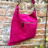 Fuchsia pink suede messenger bag. Soft magenta pink genuine leather crossbody / shoulder bag ..or books, tablets. Hot pink suede purse