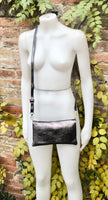 Small leather bag in DARK SILVER. Cross body bag, shoulder bag in GENUINE leather. Metallic shine bag with adjustable strap, zipper