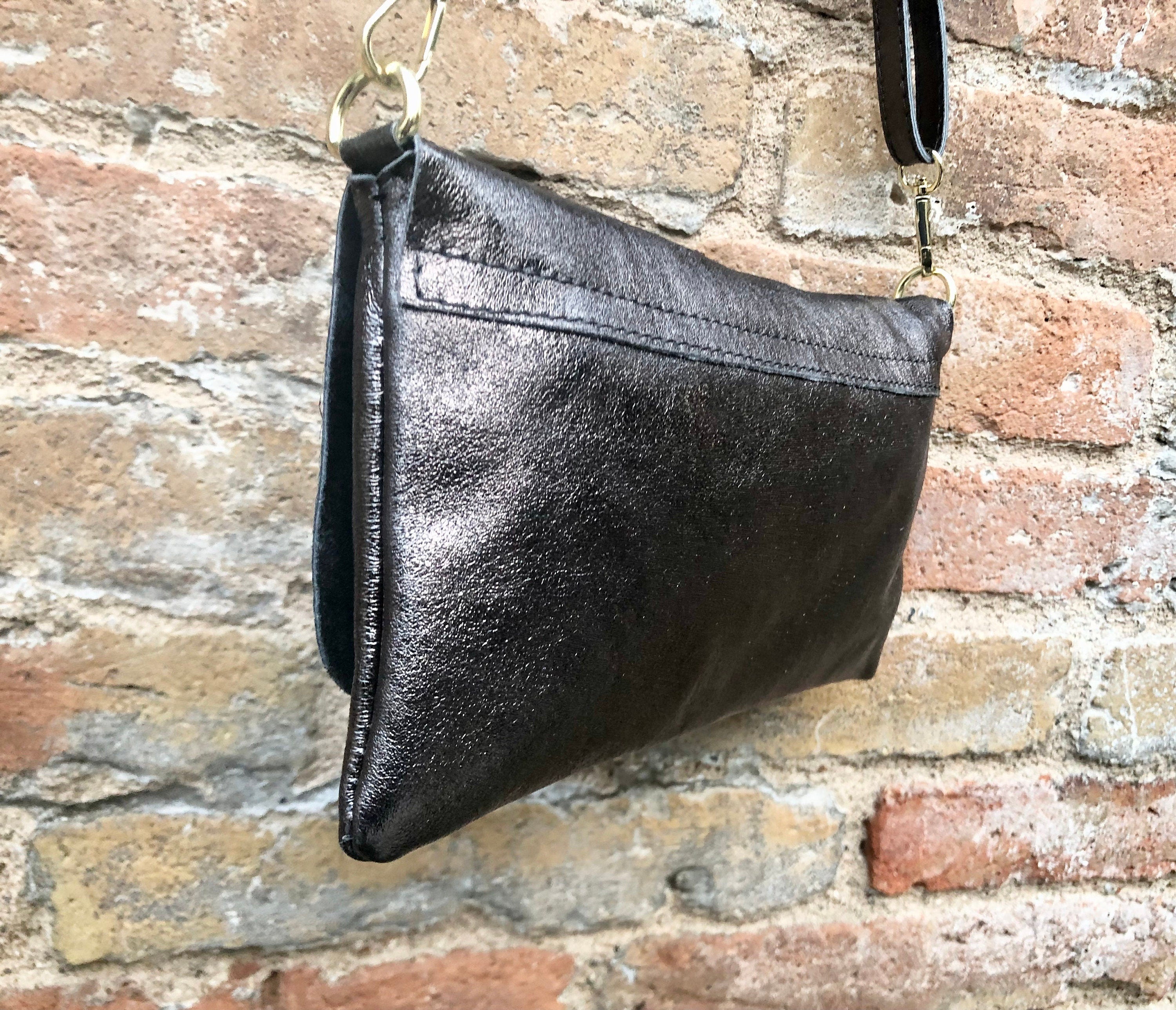 Small leather bag in DARK SILVER. Cross body bag, shoulder bag in GENUINE leather. Metallic shine bag with adjustable strap, zipper