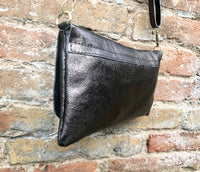 Small leather bag in DARK SILVER. Cross body bag, shoulder bag in GENUINE leather. Metallic shine bag with adjustable strap, zipper