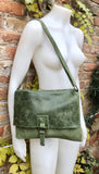 Dark moss green suede bag. Genuine leather purse.Green cossbody / messenger bag in soft natural leather for books, tablets.Green suede purse