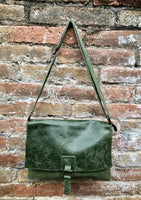 Dark moss green suede bag. Genuine leather purse.Green cossbody / messenger bag in soft natural leather for books, tablets.Green suede purse