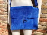 Messenger bag in genuine suede leather. Bright BLUE cross body bag. Boho suede bag with zipper and flap. Tablet or book bag in BLUE