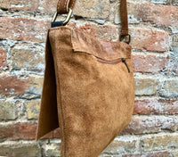 Camel brown suede bag. Genuine leather purse. cossbody / messenger bag in soft natural leather for books, tablets. Tan brown suede purse