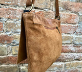 Camel brown suede bag. Genuine leather purse. cossbody / messenger bag in soft natural leather for books, tablets. Tan brown suede purse