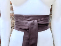 DARK BROWN obi belt. Wrap belt in soft genuine leather. Wraparound waist belt. Wide style. Boho dress belt in chocolate brown.