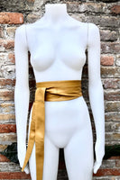 Mustard yellow obi belt. Wrap belt in soft genuine leather. Wraparound waist belt. Wide style. Boho dress belt in yellow