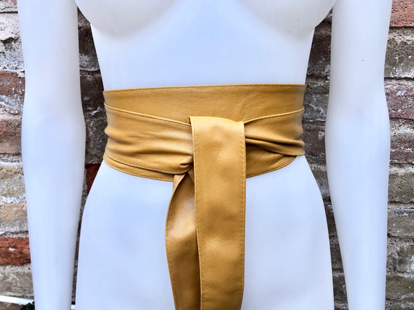 Mustard yellow obi belt. Wrap belt in soft genuine leather. Wraparound waist belt. Wide style. Boho dress belt in yellow