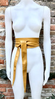 Mustard yellow obi belt. Wrap belt in soft genuine leather. Wraparound waist belt. Wide style. Boho dress belt in yellow