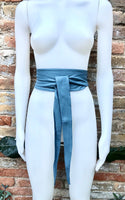 Denim blue obi belt. Wrap belt in soft genuine leather. Wraparound waist belt. Wide style. Blue boho dress belt in blue-gray