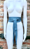 Denim blue obi belt. Wrap belt in soft genuine leather. Wraparound waist belt. Wide style. Blue boho dress belt in blue-gray