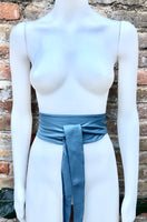 Denim blue obi belt. Wrap belt in soft genuine leather. Wraparound waist belt. Wide style. Blue boho dress belt in blue-gray