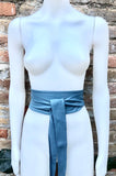 Denim blue obi belt. Wrap belt in soft genuine leather. Wraparound waist belt. Wide style. Blue boho dress belt in blue-gray