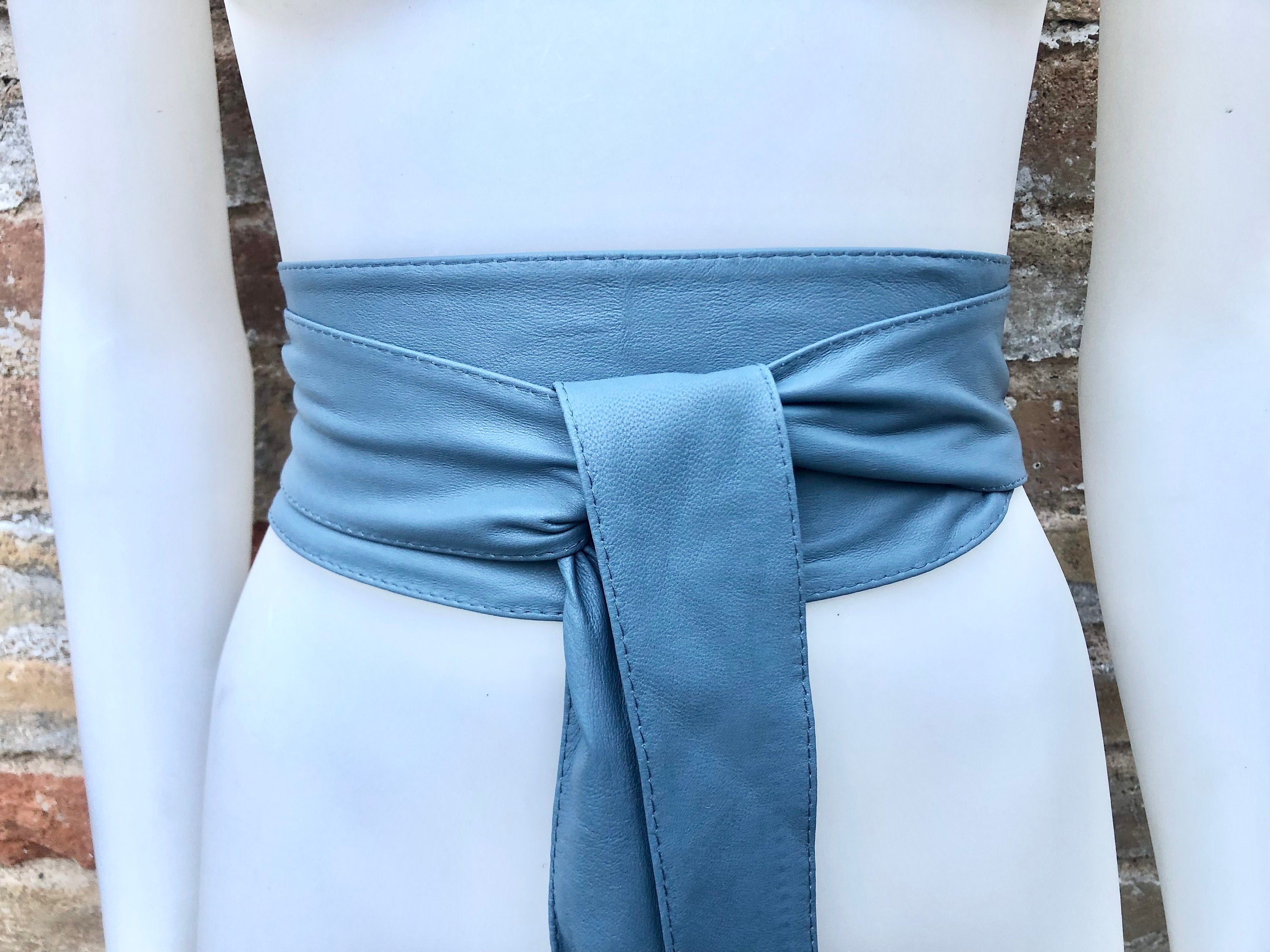 Denim blue obi belt. Wrap belt in soft genuine leather. Wraparound waist belt. Wide style. Blue boho dress belt in blue-gray