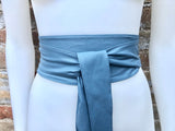 Denim blue obi belt. Wrap belt in soft genuine leather. Wraparound waist belt. Wide style. Blue boho dress belt in blue-gray