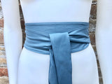 Denim blue obi belt. Wrap belt in soft genuine leather. Wraparound waist belt. Wide style. Blue boho dress belt in blue-gray