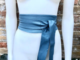 Denim blue obi belt. Wrap belt in soft genuine leather. Wraparound waist belt. Wide style. Blue boho dress belt in blue-gray