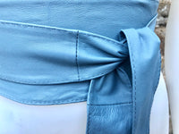 Denim blue obi belt. Wrap belt in soft genuine leather. Wraparound waist belt. Wide style. Blue boho dress belt in blue-gray