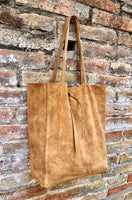 Camel brown TOTE leather bag.Soft natural genuine suede leather. Saddle brown suede shopper for your laptop, tablet, books.Brown suede purse