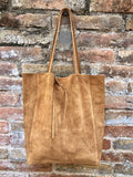 Camel brown TOTE leather bag.Soft natural genuine suede leather. Saddle brown suede shopper for your laptop, tablet, books.Brown suede purse