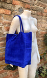 ROYAL blue TOTE leather bag. Soft natural genuine suede leather. Cobalt blue suede shopper for your laptop, tablet, books. Blue suede purse