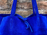 ROYAL blue TOTE leather bag. Soft natural genuine suede leather. Cobalt blue suede shopper for your laptop, tablet, books. Blue suede purse