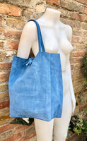 Denim blue TOTE leather bag. Soft natural genuine suede leather. Blue - gray suede shopper for your laptop, tablet, books. Blue suede purse