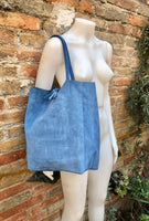 Denim blue TOTE leather bag. Soft natural genuine suede leather. Blue - gray suede shopper for your laptop, tablet, books. Blue suede purse