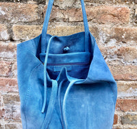 Denim blue TOTE leather bag. Soft natural genuine suede leather. Blue - gray suede shopper for your laptop, tablet, books. Blue suede purse