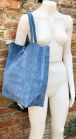 Denim blue TOTE leather bag. Soft natural genuine suede leather. Blue - gray suede shopper for your laptop, tablet, books. Blue suede purse