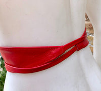 Obi belt in soft leather. Narrow style. RED Wrap belt. Wraparound waist belt in genuine leather. RED boho wide dress belt.