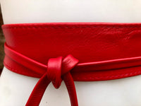 Obi belt in soft leather. Narrow style. RED Wrap belt. Wraparound waist belt in genuine leather. RED boho wide dress belt.