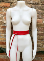 Obi belt in soft leather. Narrow style. RED Wrap belt. Wraparound waist belt in genuine leather. RED boho wide dress belt.