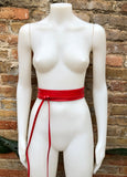 Obi belt in soft leather. Narrow style. RED Wrap belt. Wraparound waist belt in genuine leather. RED boho wide dress belt.