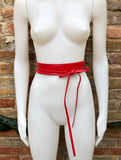 Obi belt in soft leather. Narrow style. RED Wrap belt. Wraparound waist belt in genuine leather. RED boho wide dress belt.