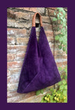 Slouch leather bag in PURPLE. Large shoulder leather bag. Boho bag. Laptop bags in suede. Origami suede leather bag. PURPLE suede purse.