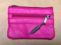 PINK coin purse in genuine leather, 3 zippers. Fits credit cards, coins, bills. Small leather wallet. Fuchsia, light , neon + purple pink