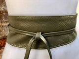 Khaki green wrap belt in soft leather. LONGER option. Waist, dress or wraparound belt in dark green genuine leather. Boho green obi belt.