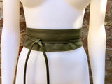 Khaki green wrap belt in soft leather. LONGER option. Waist, dress or wraparound belt in dark green genuine leather. Boho green obi belt.