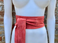 Coral RED suede wrap OBI belt. Soft natural leather waist belt. Dark salmon red - pink waparound dress belt. Wide coral suede belt.