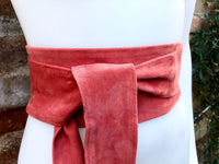 Coral RED suede wrap OBI belt. Soft natural leather waist belt. Dark salmon red - pink waparound dress belt. Wide coral suede belt.