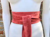 Coral RED suede wrap OBI belt. Soft natural leather waist belt. Dark salmon red - pink waparound dress belt. Wide coral suede belt.