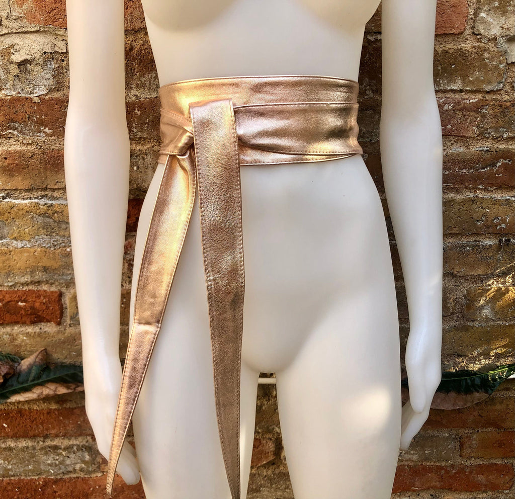 PINK - GOLD obi belt. Soft genuine glitter leather wrap belt. Wraparound waist belt. Wide style. Salmon pink dress belt in metallic leather.
