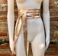 PINK - GOLD obi belt. Soft genuine glitter leather wrap belt. Wraparound waist belt. Wide style. Salmon pink dress belt in metallic leather.