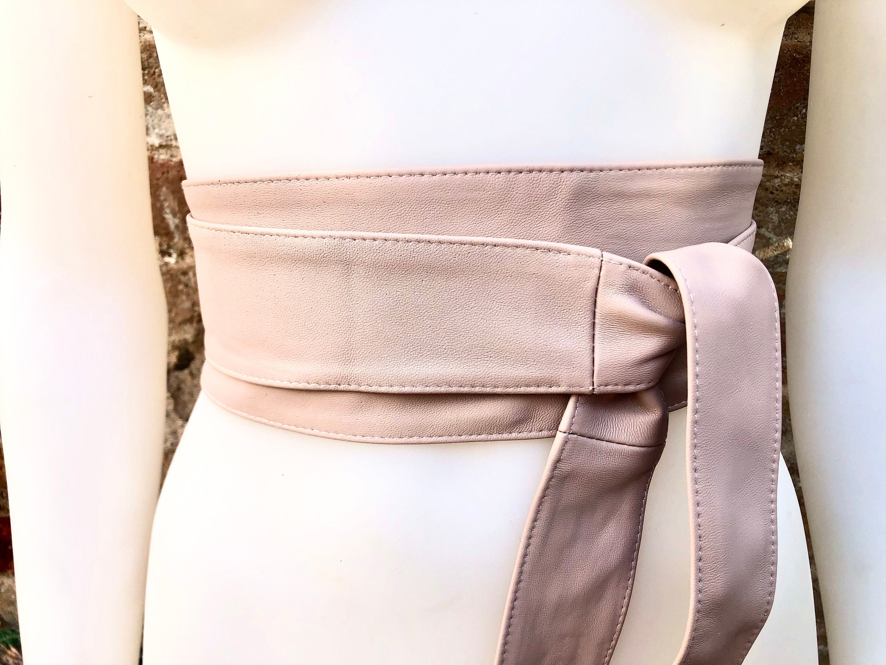 Dusty PINK wide obi belt. Soft genuine leather wrap belt. Wraparound waist belt. Wide style. Light pink dress / overall belt.